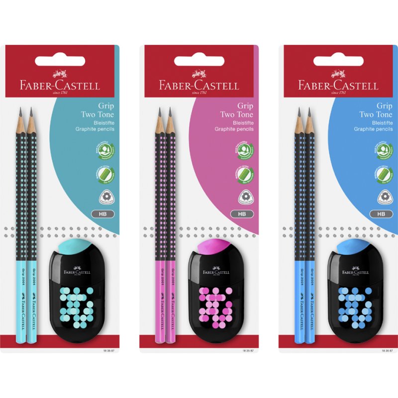 Faber-Castell set de crayons GRIP TWO TONE, triangulaire, degré B, 2 crayons + taille-crayon