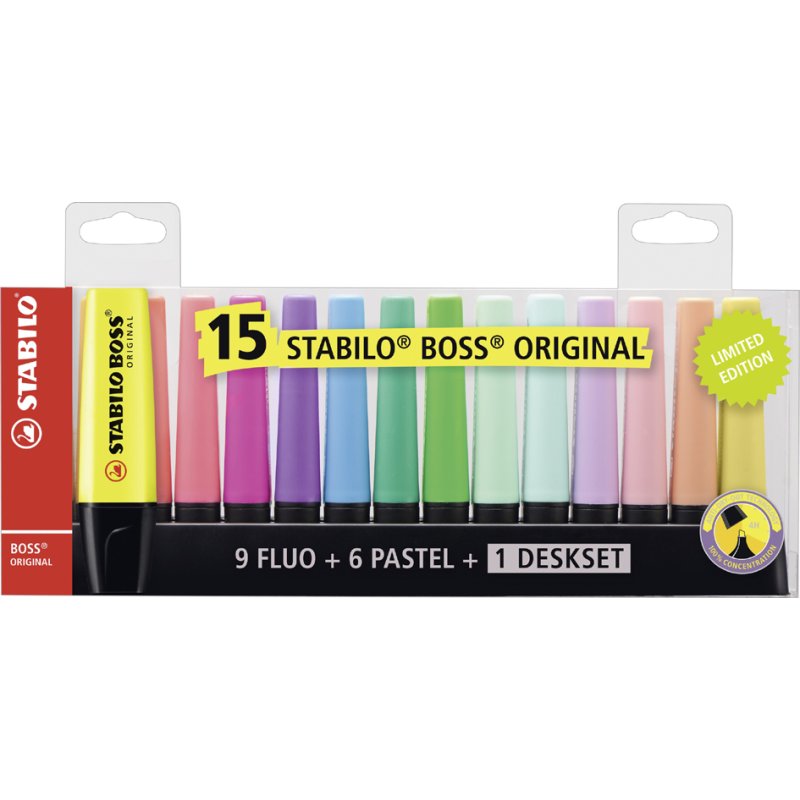 STABILO surligneurs BOSS ORIGINAL, ensemble de bureau 15 pièces, rechargeable, pointe biseautée