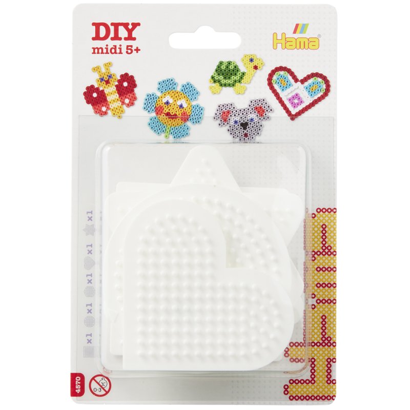 Hama craft boards square/circle/hexagon/heart/star, white, midi bugelperlen, 5 pieces