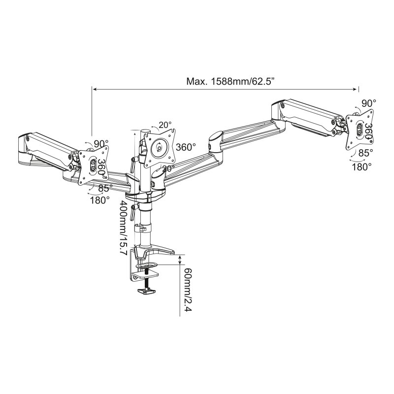 DIGITUS TFT/LCD monitorarm gasdrukveersysteem, 3 monitoren, VESA 75×75/100×100 mm