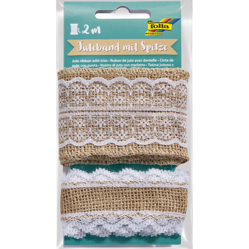 folia juteband met kant, 2 verschillende breedtes, 1 meter per rol, naturel