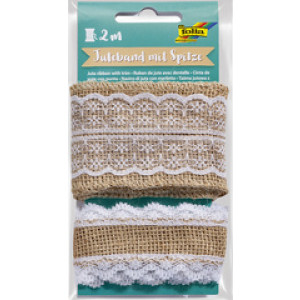 folia juteband met kant, 2 verschillende breedtes, 1 meter per rol, naturel