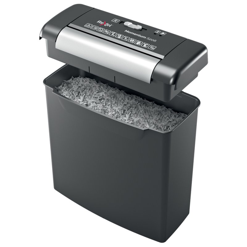 Rexel Momentum S206 destructeur de papier, coupe à bandes 6 mm, noir/argent