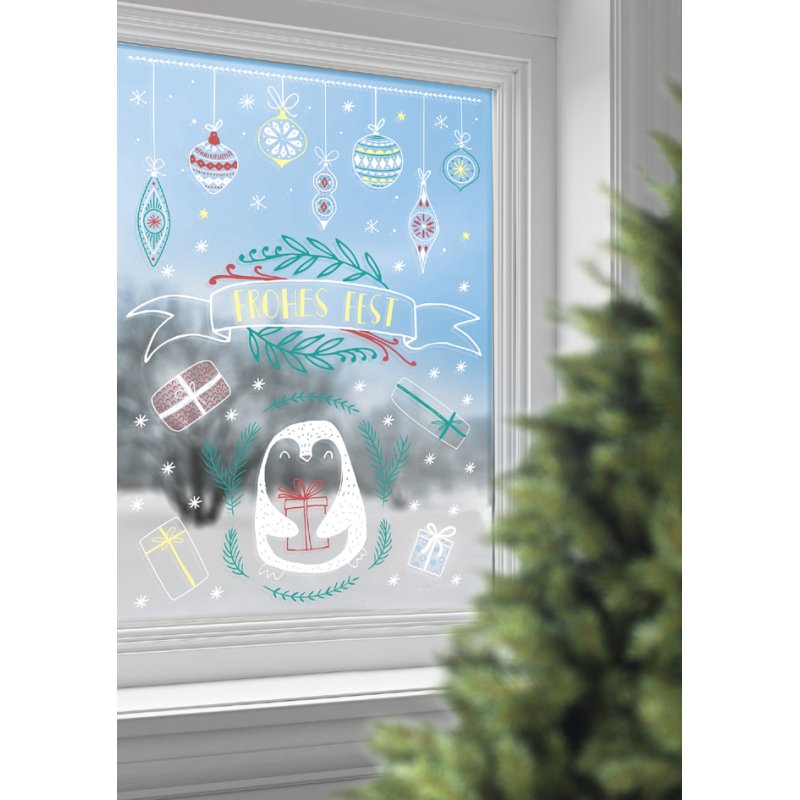 folia raamversieringssjabloon Winterpret, 8 sjablonen, 520×730 mm, inclusief witte krijtmarker
