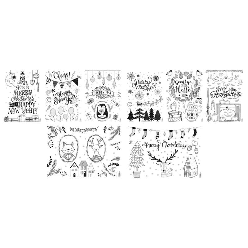 folia raamversieringssjabloon Winterpret, 8 sjablonen, 520×730 mm, inclusief witte krijtmarker