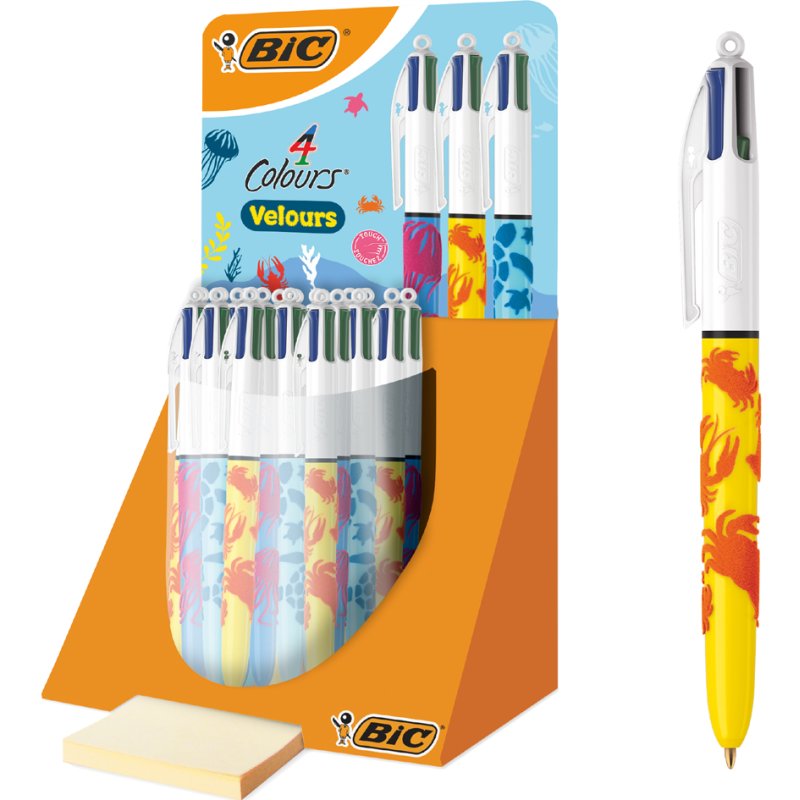 BIC 4 Colours Velours stylo à bille, 4 couleurs, recharge possible, 30 pièces