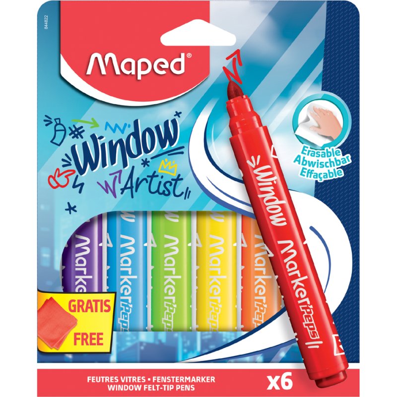 Maped window markers set, 6 colours, 2 mm, with microfibre cloth