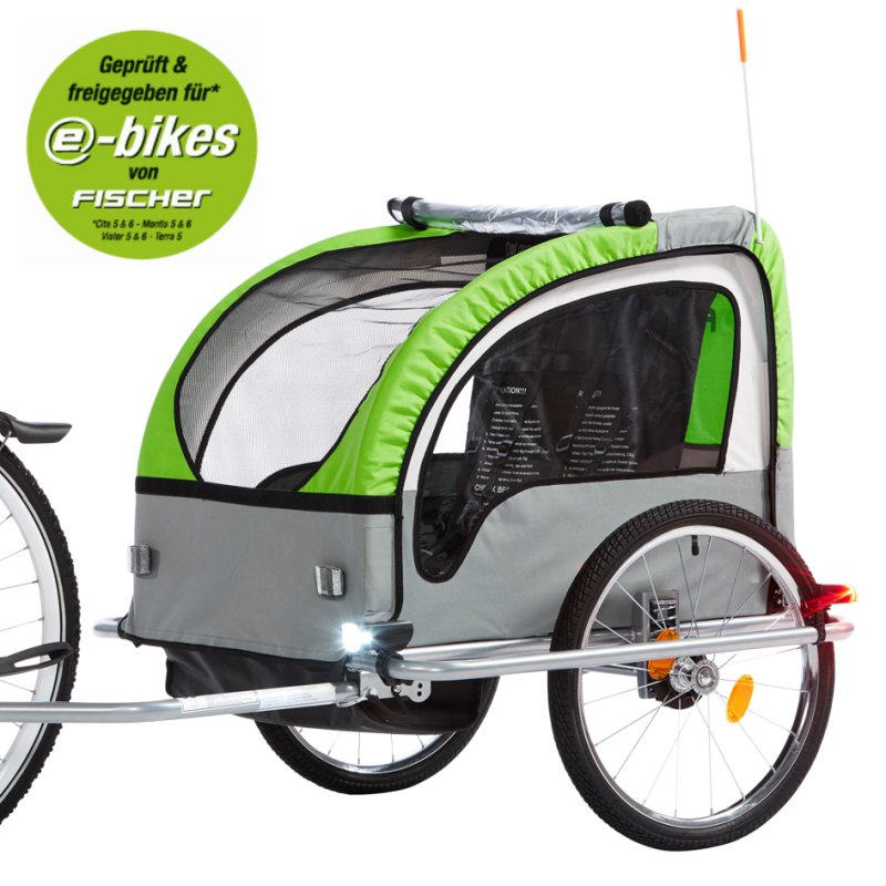 FISCHER remorque vélo enfants Comfort, noir/vert, 1-2 enfants, roues 20 pouces