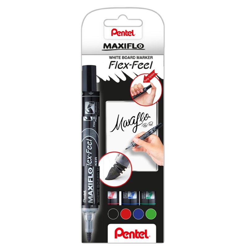 Pentel marqueurs pour tableau blanc Maxiflo Flex-Feel, pointe flexible, 4 couleurs, 4 pièces
