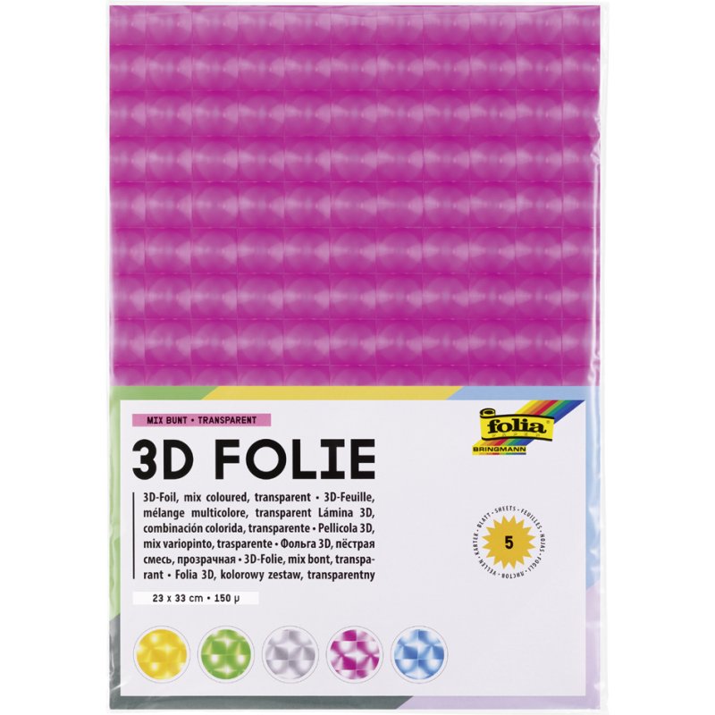 folia 3D-folie, 150 micron, geassorteerde kleuren, 230×330 mm, 5 stuks