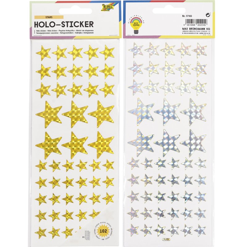 folia holografische stickervellen Sterren, goud en zilver, 100×240 mm, 2 vel à 51 stickers