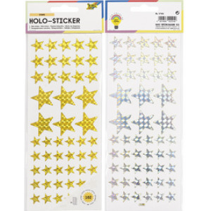 folia holografische stickervellen Sterren, goud en zilver, 100×240 mm, 2 vel à 51 stickers