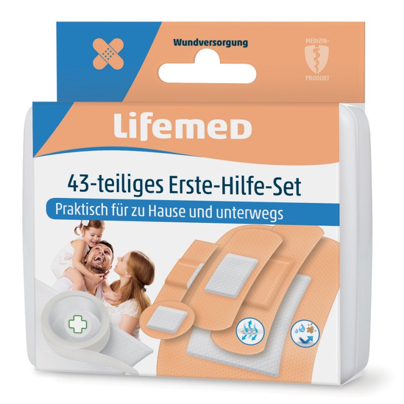 Lifemed Ensemble de pansements de premiers soins, matériau PE, résistant à l'eau et à la saleté, 43 pièces