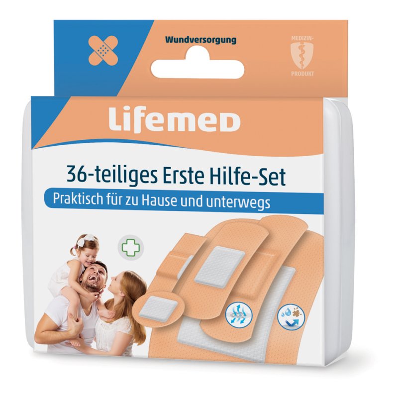 Lifemed kit de pansements premiers secours, PE imperméable, différentes tailles, 36 pièces