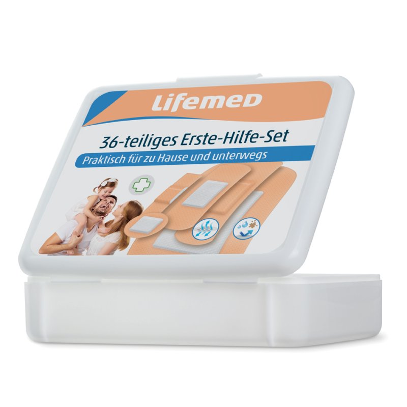 Lifemed kit de pansements premiers secours, PE imperméable, différentes tailles, 36 pièces