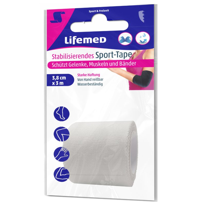 Lifemed stabiliserende sporttape, 38 mm × 3,0 m, PE materiaal, zwart en wit