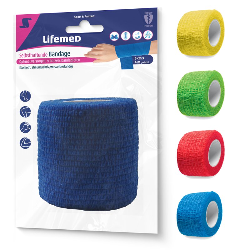 Lifemed bande auto-adhésive, 50 mm × 4,0 m, PE élastique, assortiment de couleurs