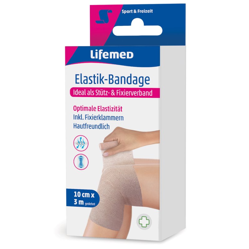 Lifemed bande élastique couleur peau, 100 mm × 3,0 m, avec agrafes de fixation