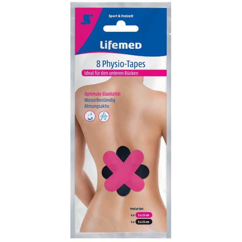 Lifemed fysiotherapie tape voor onderrug, gekleurd gesorteerd, 50×150 mm, 8 stuks