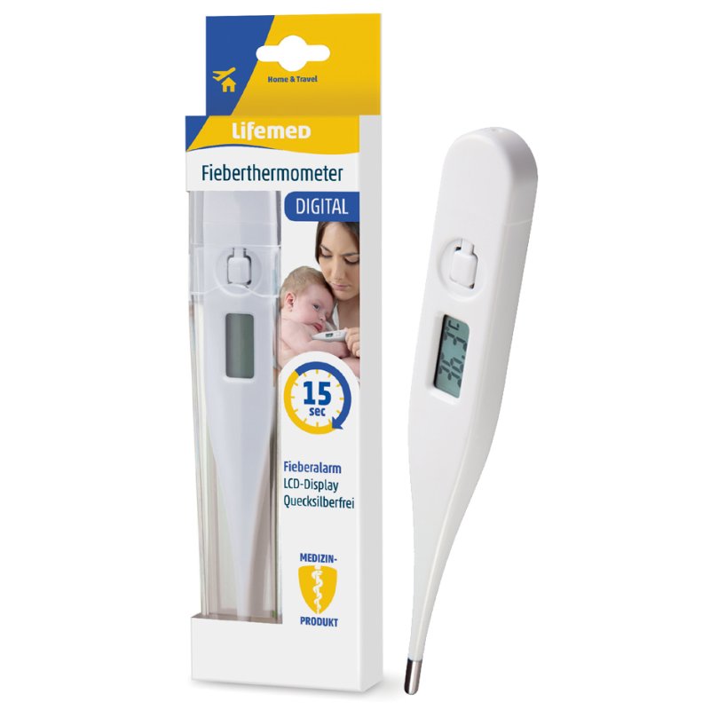 Lifemed digital fever thermometer, white, LCD display, including battery and protective cover