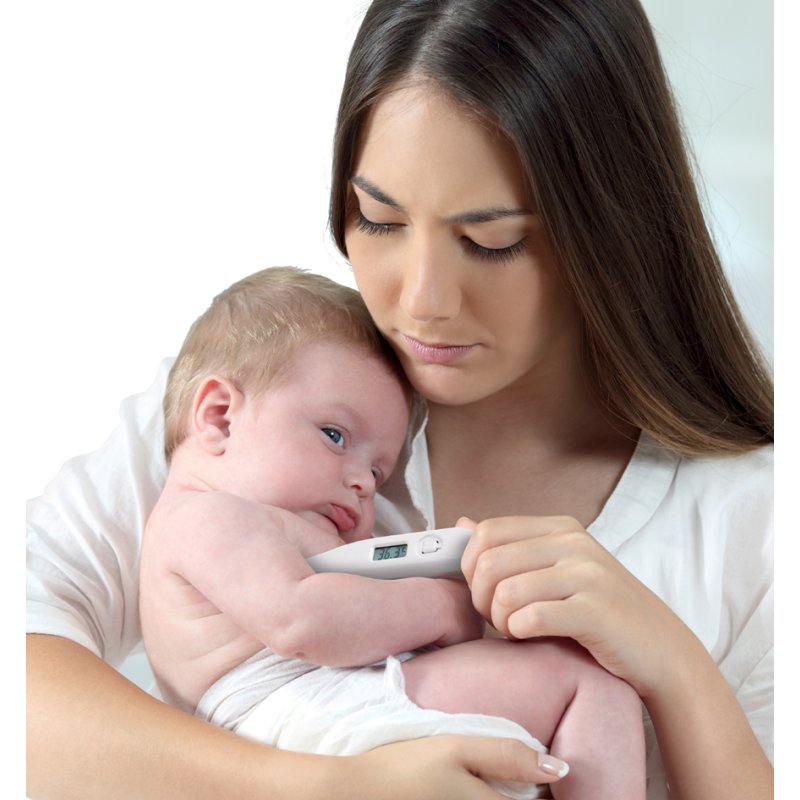 Lifemed digital fever thermometer, white, LCD display, including battery and protective cover