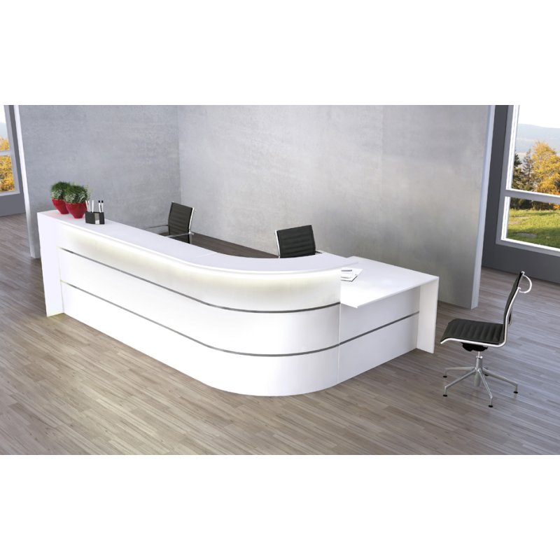 kerkmann L-comptoir BARI, blanc avec acier inoxydable, 3670×1970×1120 mm