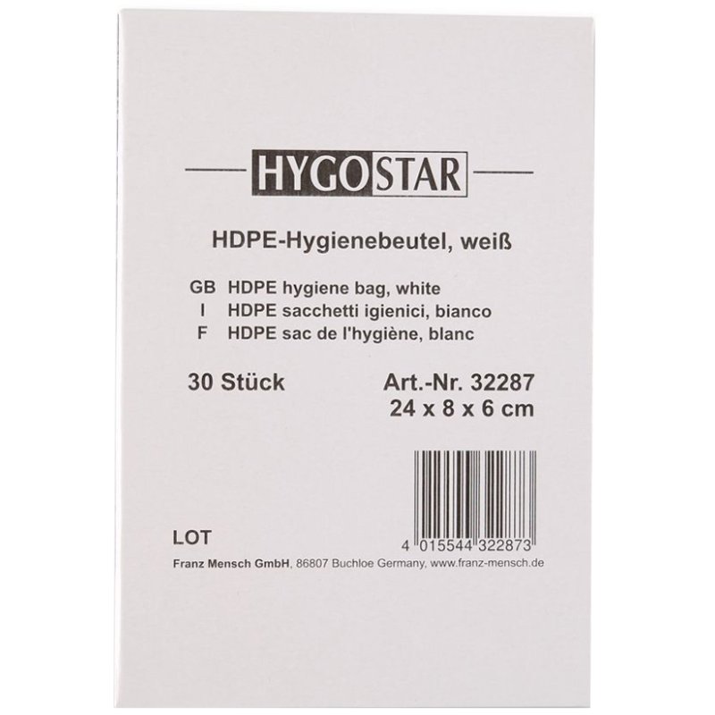 HYGOSTAR sachets d'hygiène HDPE, blanc, 240×80 mm, 30 pièces