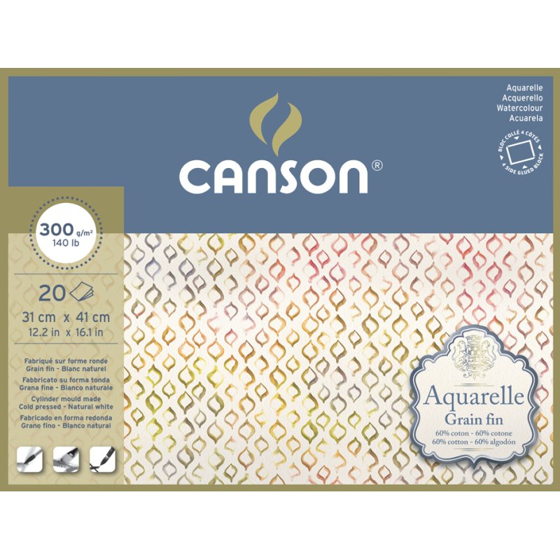 CANSON aquarelblok Aquarelle, wit, fijn, 310×410 mm, 300 g/m², 20 vel