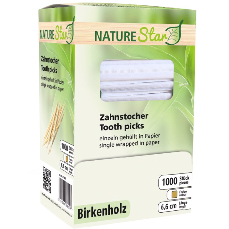 NATURE Star birchwood toothpicks, natural, individually wrapped, 66 mm, 1000 pieces
