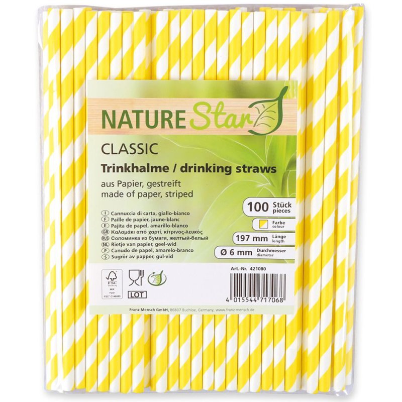 NATURE Star pailles en papier classic, jaune/blanc, rayées, 197 mm, 100 pièces