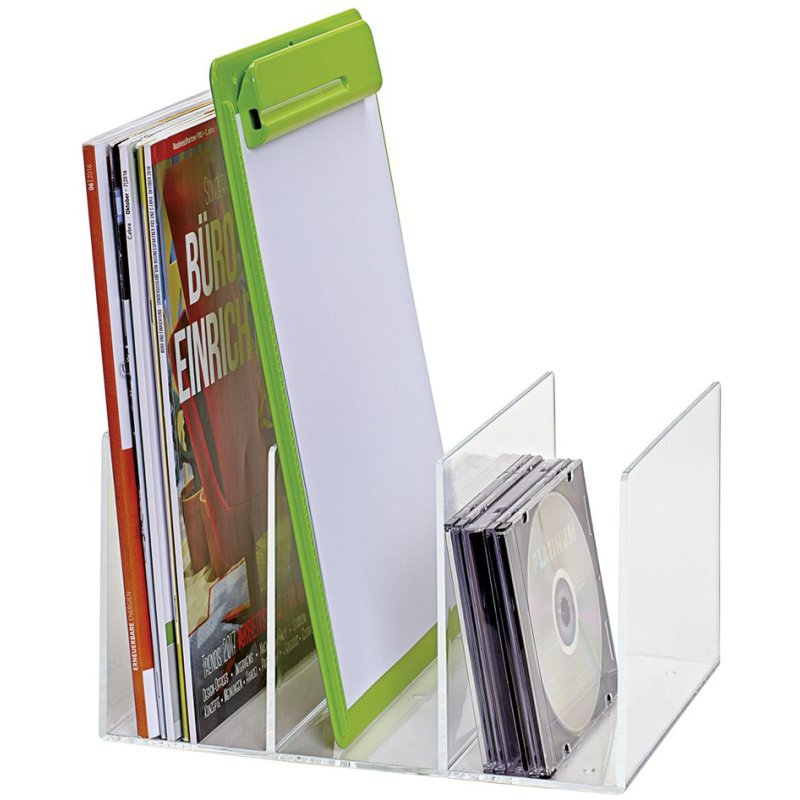 MAUL acrylic magazine holder, transparent, 3 compartments, 85 mm compartment width