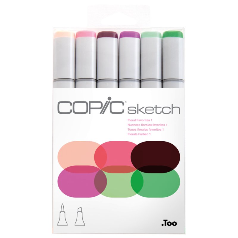 COPIC marker sketch, rechargeables, base alcool, set de 6 Floral Favorite 1
