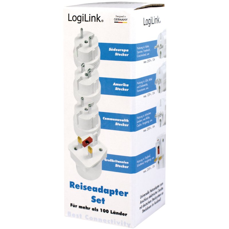 LogiLink travel adapter set EU/UK/US, white, 4 adapters