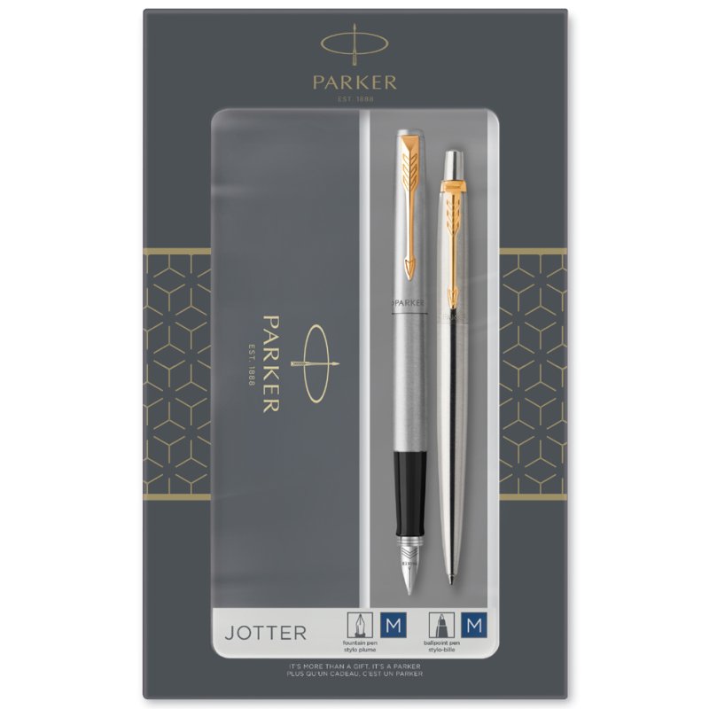 PARKER Jotter schrijfset roestvrij staal, zilver, balpen en vulpen M, geschenkdoos