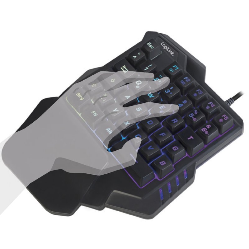 LogiLink verlichte eenhand gamingtoetsenbord, zwart, Duitse indeling, regenboog LED