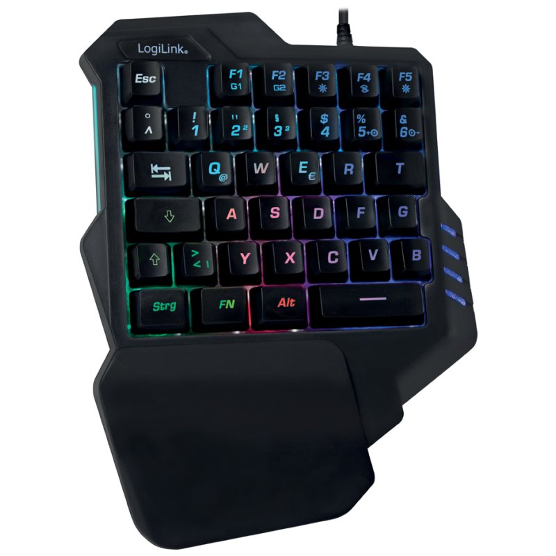 LogiLink verlichte eenhand gamingtoetsenbord, zwart, Duitse indeling, regenboog LED