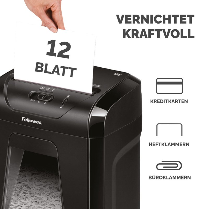 Fellowes papiervernietiger Powershred 12C, 12 vel, 19 liter opvangbak, zwart