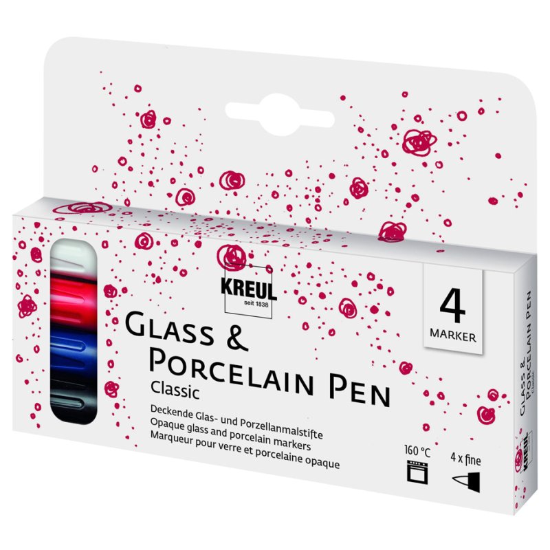 KREUL Glas & Porselein Pen Classic fine, set of 4, white/cherry red/royal blue/black