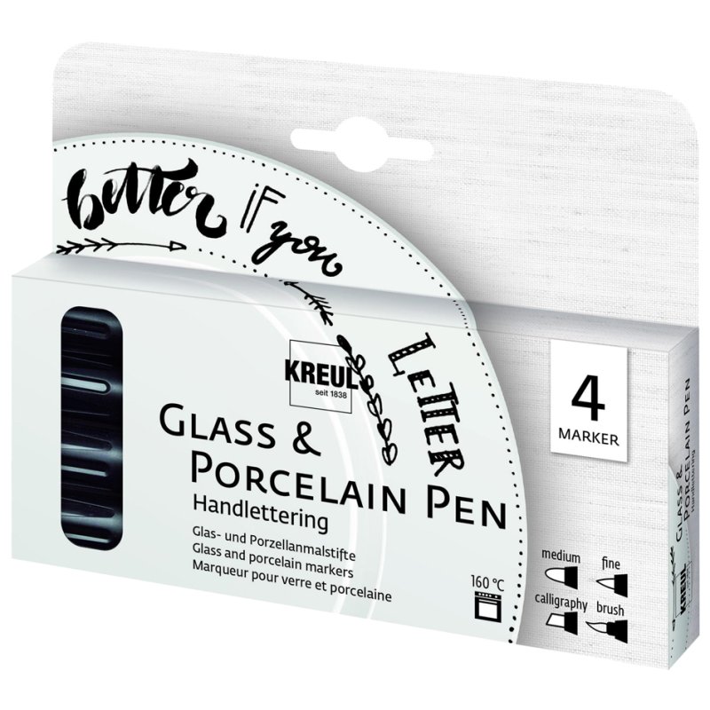 KREUL Stylo Verre & Porcelaine Lettering Manuel, noir, lot de 4