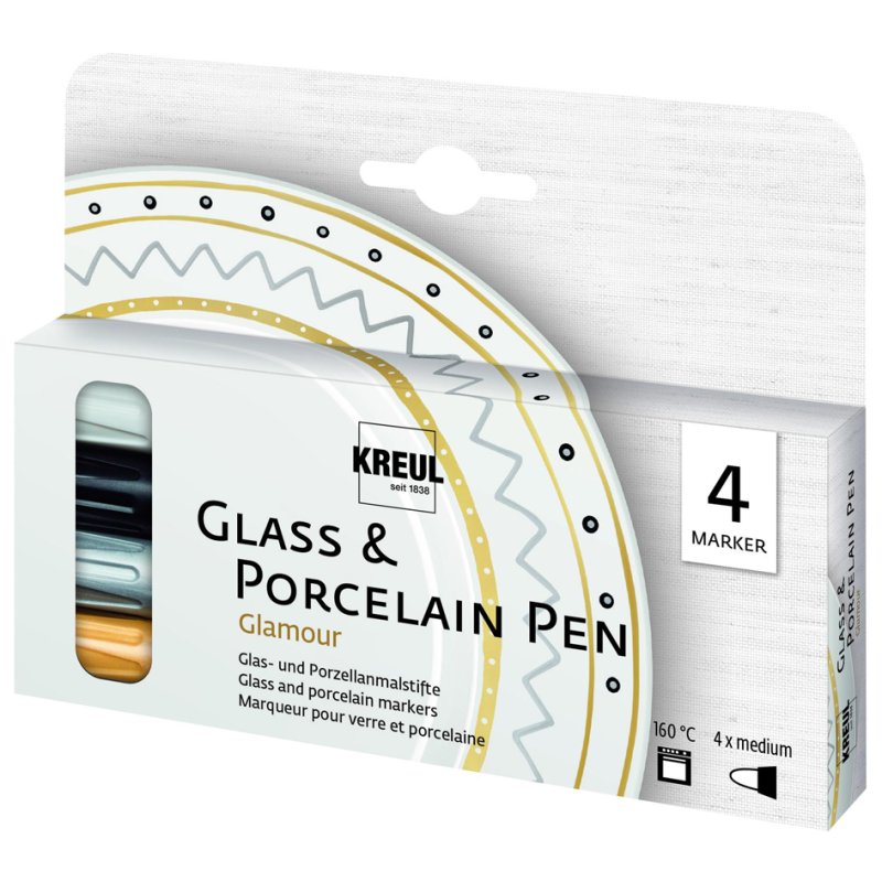 KREUL glass & porcelain pens Glamour, metallic gloss, 4 pieces, white/black/gold/silver