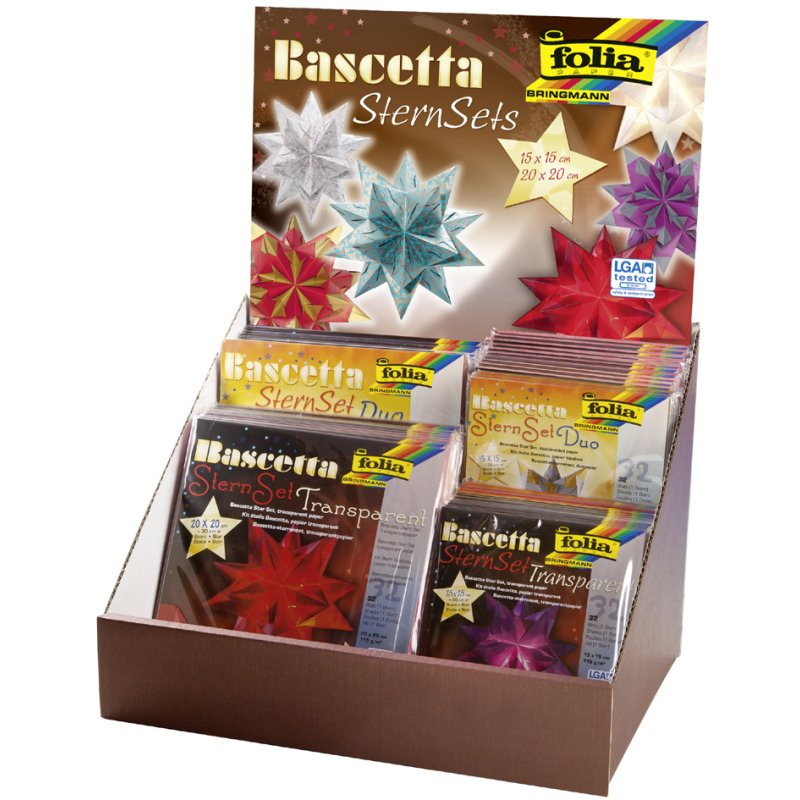 folia vouwpapiertjes Bascetta-sterren, toonbankdisplay, verschillende kleuren, 50 stuks