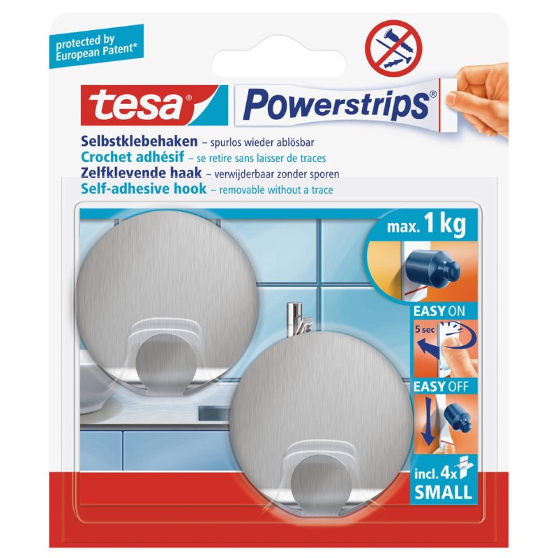 tesa Powerstrips crochets small métal rond, réutilisable, max. 1,0 kg, 2 pièces