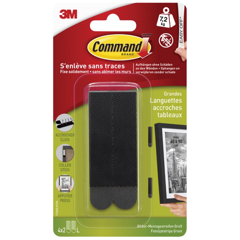 Command Bilder-Montagestrips L, zwart, draagkracht 7,2 kg, 4 sets à 2 strips