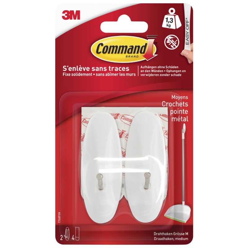 Command crochet sans clou, blanc, taille S, 3 crochets + 4 bandes
