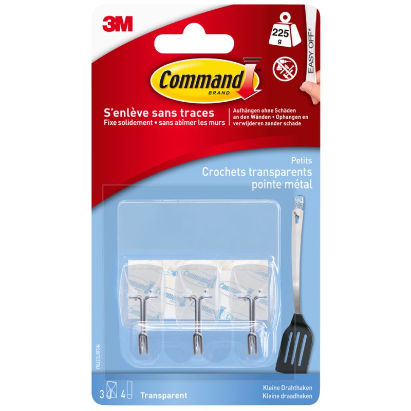 Command crochet sans fil transparent taille S, capacité de charge 225 g, 3 crochets