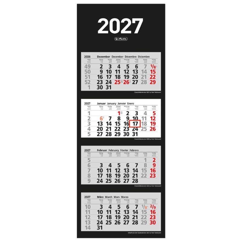 herlitz 4-maandswandkalender, 330 x 900 mm, rood/zwart