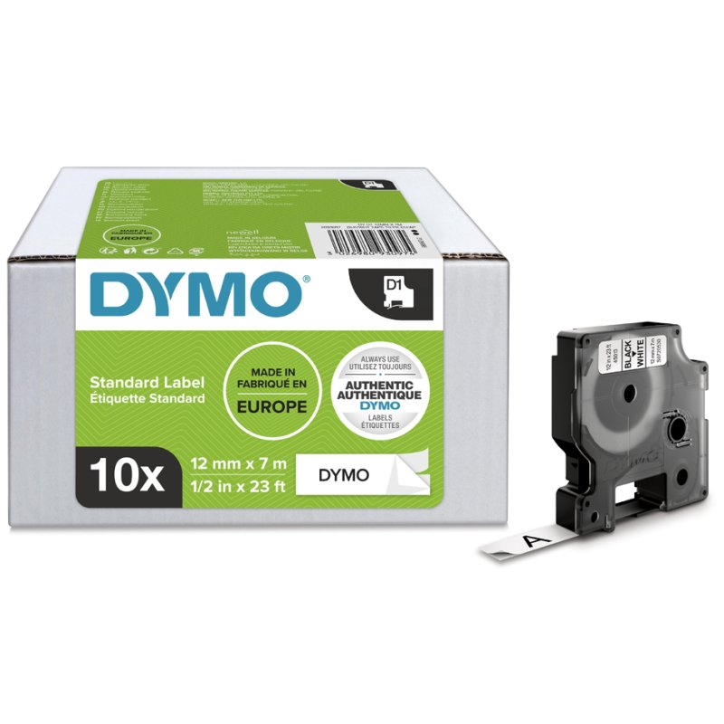 DYMO D1 labelcassettes, zwart op wit, 9 mm × 7 m, 10 stuks