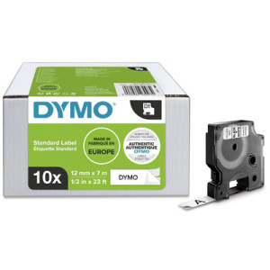 Dymo D1 labelcassettes, zwart/wit, 12 mm × 7 m, 10 stuks