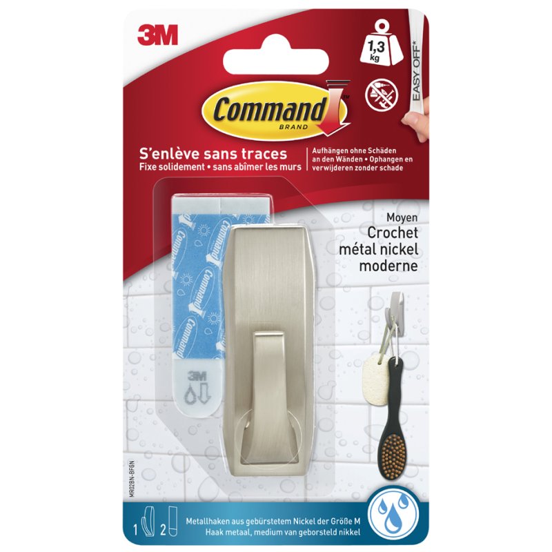 Command crochets de salle de bain métalliques Modern, taille L, couleur argent, 1 crochet + 2 bandes