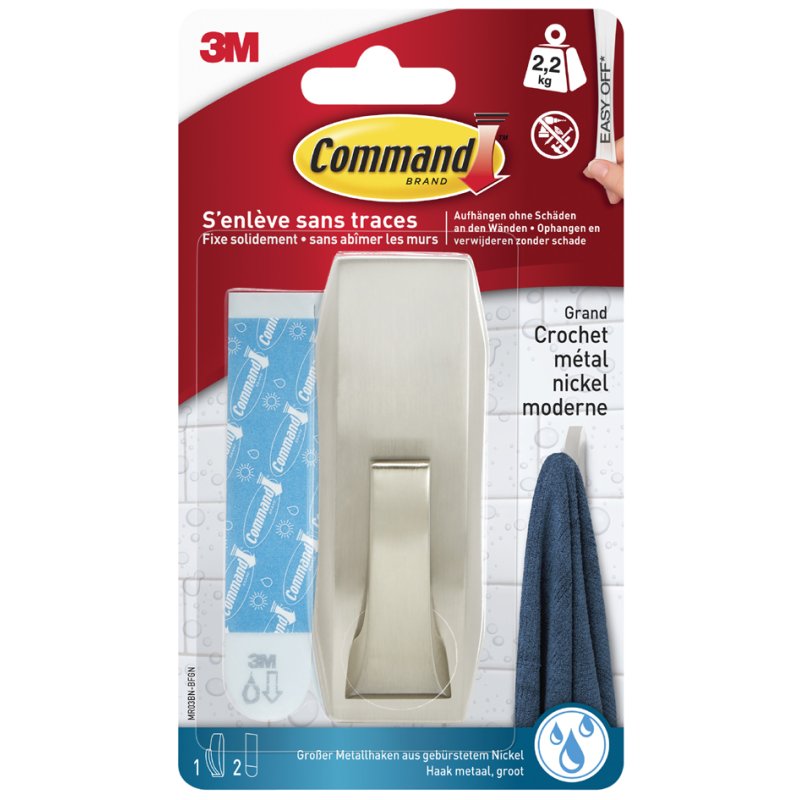 Command crochets de salle de bain métalliques Modern, taille L, couleur argent, 1 crochet + 2 bandes
